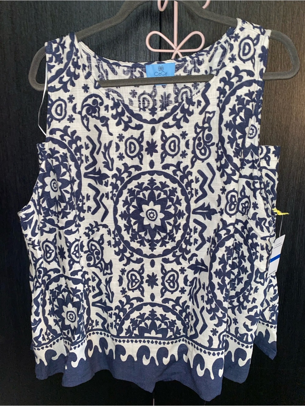 CeCe White and Navy Sleeveless Medallion Print Tank